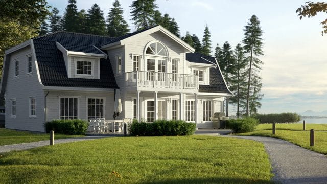 Illustrasjon av et hvitt klassisk ferdighus