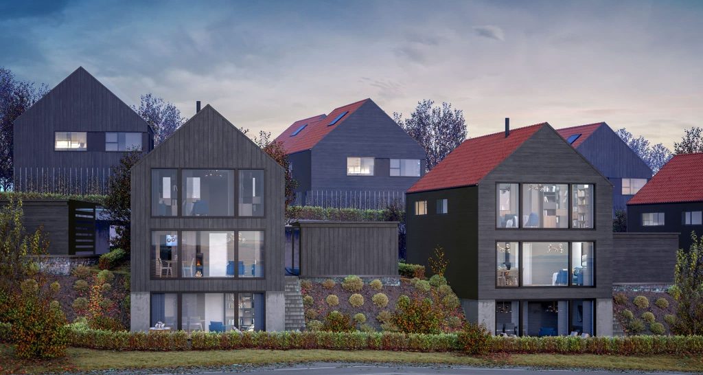 Illustrasjonsoversikt over moderne prosjekterte boliger i gråfarge og rød steintak med store vinduer.