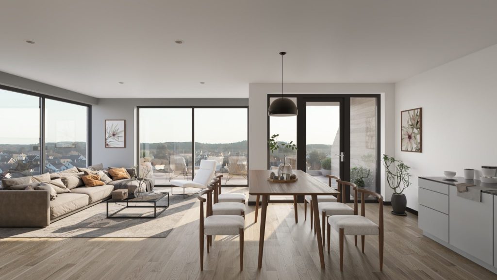 Illustrasjon av en moderne leilighet med skandinavisk preg