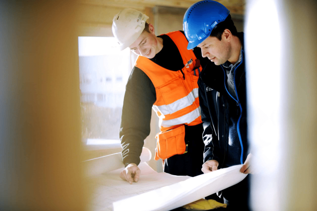 To byggmestere planlegger byggeprosessen på tomt.