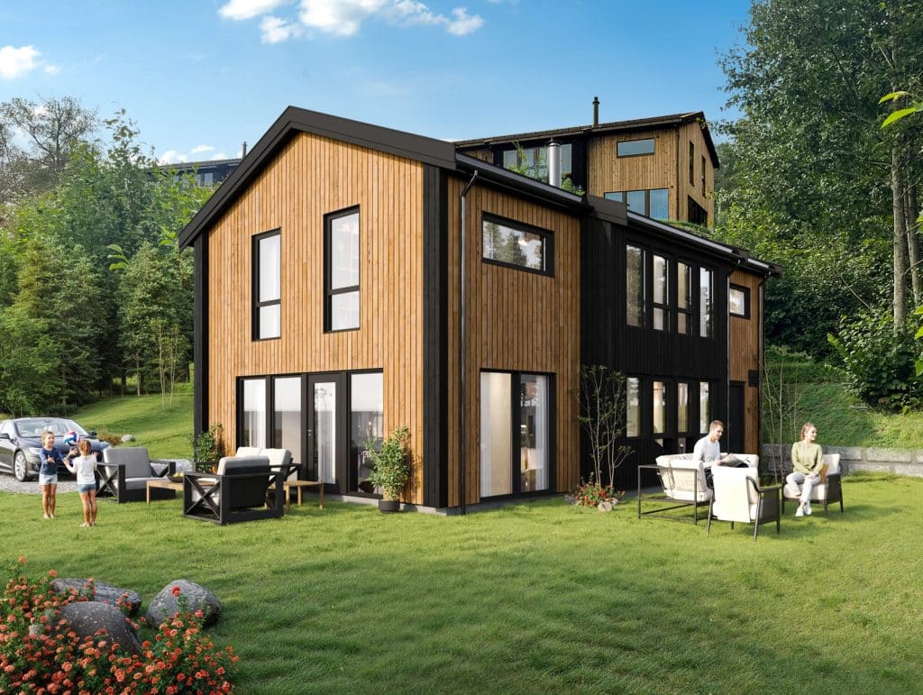 Nybygg moderne bolig med treverk og svarte kanter.